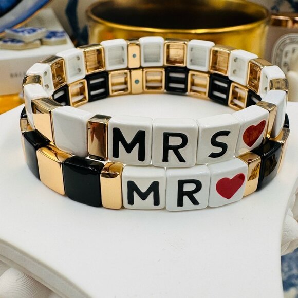 🆕 ROXANNE ASSOULIN 🧿 NWOT Mr & Mrs Set Of Two Enamel And Gold-Tone Bracelets - Picture 6 of 14
